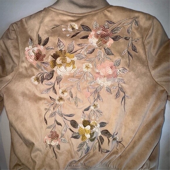 Bagatelle Bomber Jacket Womens Size L Tan Floral Embroidered Full Zip Boho - Picture 3 of 12